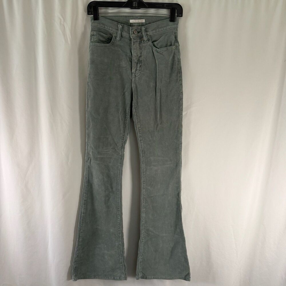 Lucky Brand Stevie Corduroy Pants Women's 4 27 Green Ribbed High Rise Flared